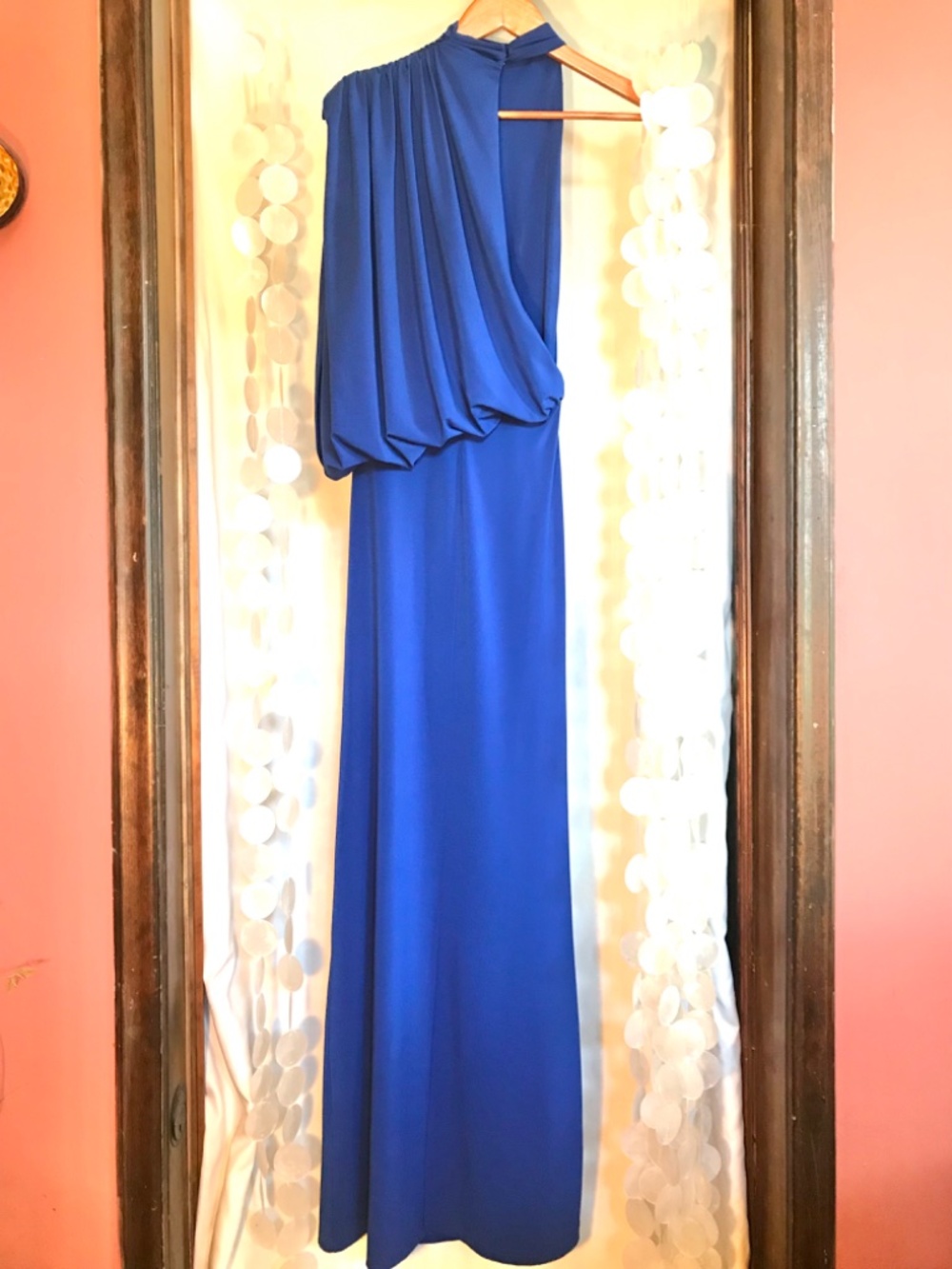 Zara Asymmetrical Cape Sleeve High Neck Bare Shoulder Ruched Detail Maxi Dress - Picture 13 of 15